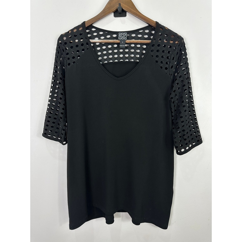 Clara Sunwoo Top Women S Black Laser Cut Eyelet V-Neck 3/4 Sleeve Tunic Chic